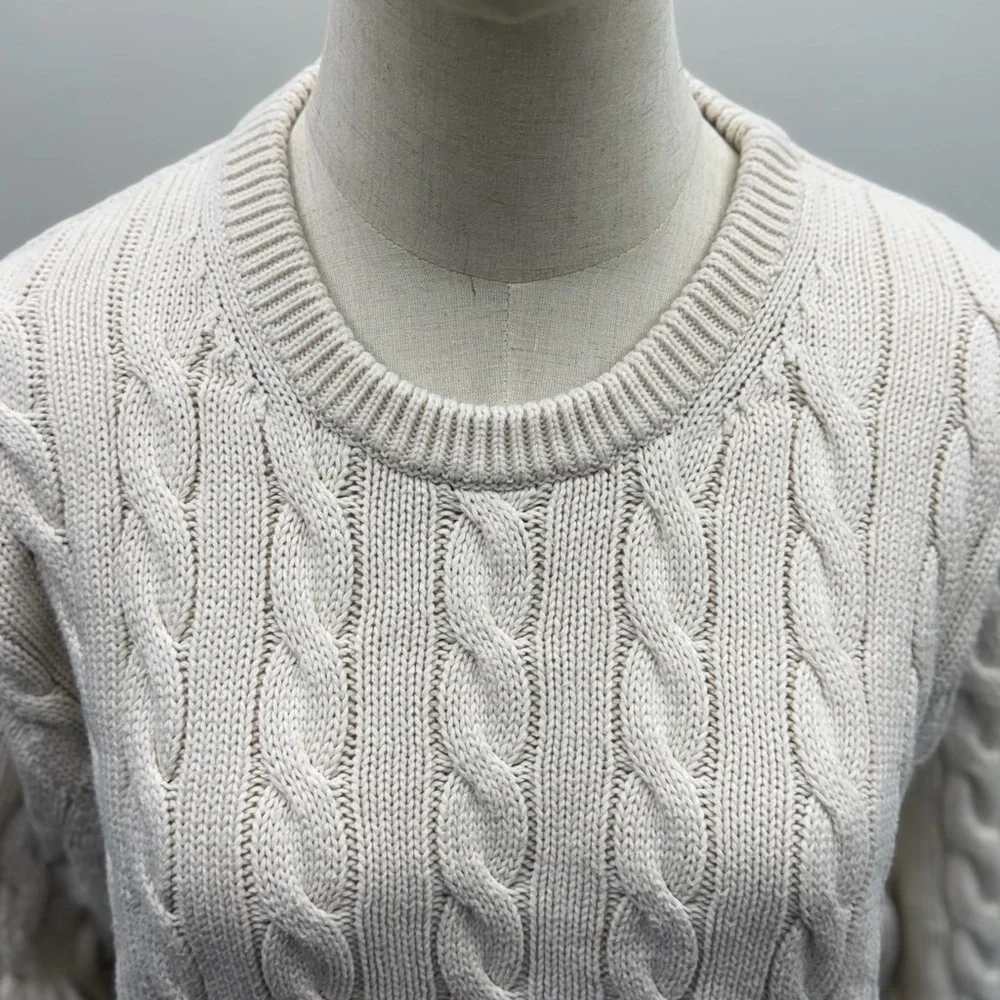 J.Crew Cable Knit Sweater Cream Ivory 100% Cotton Long Sleeve Size L